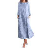 Clearance! Swiusd Women's Stripe Long Sleeve Maxi Dresses Comfy Pocket Loose Casual Dress Vintage O Neck Flowy Dresses (Blue, XXL -US 12)