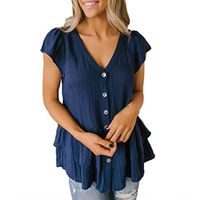 general3 Womens Waffle Knit Tunic Blouse Short Sleeve V Neck Button Down Shirts Casual Pleated Henley Tops(Dark Blue,X-Large)