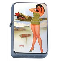 Pin Up Girl Cartoon Airplane Windproof Refillable Flip Top Oil Lighter with Tin Gift Box D-027