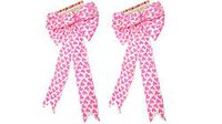 2 Valentine White Wired Satin Bows with Pink Heart Design! 9.85x22.83IN