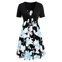 Womens Floral Print Midi Dresses Sleeves Bow Knot Bandage Suit Summer Casual Cardigan Tops Vintage Straps Mini A-Line Tshirt Dress Loose Swing Flowy Pleated Floral Sun Dress