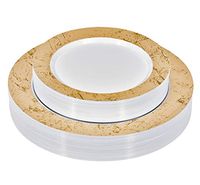 50 Piece Disposable Plates - Heavy Duty Plastic Dinnerware for Wedding Birthday Party Holiday Baby Shower - Includes 25 Dinner Plates and 25 Dessert Plates (Gold Marble)