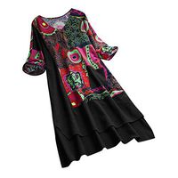 Fitfulvan Women's Cotton and Linen Pocket Dress Print Stitching Half Sleeve Skirt Leisure Loose Bohemian Dress Black