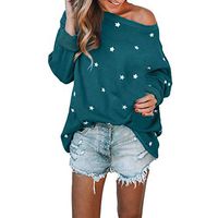 QIBOOG Teen Women Girl Long Sleeve Casual Loose Sleeve Cotton Star Pattern Sweat T-Shirt Blouses Off Shoulder Tops (Green, XXXXL)