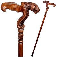 Wooden Walking Stick Cane with T-rex Dinosaur Dragon Head Wood Carved Ergonomic Palm Grip Handle for Men Women Brown