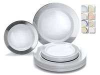 " OCCASIONS" 240 Plates Pack,(120 Guests) Heavyweight Wedding Party Disposable Plastic Plates Set -120 x 10.5'' Dinner + 120 x 7.5'' Salad/Dessert (Linen White/Silver)