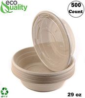 500 Count - EcoQuality 29oz Round Disposable Bowls with Lids Natural Sugarcane Bagasse Bamboo Fibers Sturdy Compostable Eco Friendly Environmental Paper Plastic Bowl Alternative Tree Free