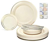 " OCCASIONS" 600 Pcs Set & 120 Guest Wedding Disposable Plastic Plate & Silverware Combo Set (Ivory & Gold Rim plates, Silver Silverware)