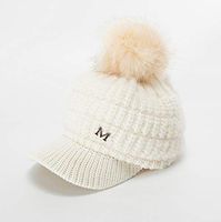 Theoylos Women's Soft Warm Knit Hat Ribbed Knit Visor Brim Pom Pom Beanie Hat Ladies Fleece Lined Newsboy Caps Ski Cap White
