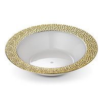 [32 Count - 12 Oz Bowls] Laura Stein Designer Tableware Premium Heavyweight Plastic White Soup Bowl With Gold Designed Border, Party & Wedding Plate Glitz Series Disposable Dishes