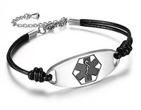 JF.JEWELRY Stainless Steel Medical Alert ID Bracelet for Women with 2 Layers Black Genuine Leather,Free Engraving