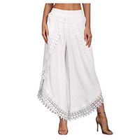Kiyotoo Womens Elegant High Waisted Split Contrast Fringe Wide Leg Pants Lace Boho Loose Fit Flare Palazzo Long Trouser White
