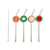Stainless Steel Straw with Silicon Fruit Figures, Reusable, Food Safe, Dishwasher Safe, Perfect for Cocktails. Set of 4 and Cleaning Brush