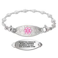 Divoti Custom Engraved Medical Alert Bracelets for Women, Stainless Steel Medical Bracelet, Medical ID Bracelet w/Free Engraving – Lovely Filigree Tag w/Heart Link-Pink-7.5"