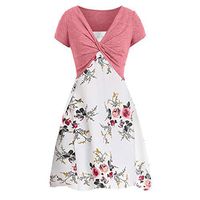 Womens Floral Print Midi Dresses Short Sleeve Bow Knot Front Bandage Suit Summer Casual Cardigan Tops Straps Mini A-Line Tshirt Dress Loose Swing Flowy Pleated Floral Sun Dress