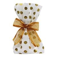 Saybrook Products Elegant Gold Dot Cellophane Treat/Party Favor Bags with Twist-Tie Organza Bow. Set of 10 11x5x3 Goodie Bags with Bows for Weddings & Celebrations. White, Gold