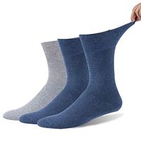 Forcool Diabetic Socks Wide, Non Binding Loose Top Full Cushion Crew Diabetes Socks Non Blister Seamless Toe Mid Calf Cotton Dress Edema Socks for Men and Women, X Large, 2 Pairs Blue&1 Pair Gray