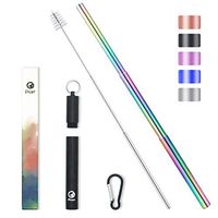 Portable stainless steel Straws - collapsible reusable straws with case and Keychain Rainbow 9.25 Inch Metal Straws Telescopic Straw Drinking with Cleaning Brush