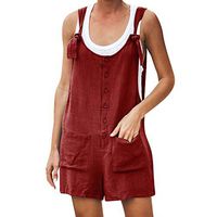 Women Casual Button Pocket Jumsuit Linen Vintage Shift Spaghetti-Strap Rompers Wine