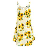 Women's Fashion Dresses Slash Neck Sleeveless Draped Sunflower Print Short Mini Dress Loose A-Line Dress (Yellow, XL)