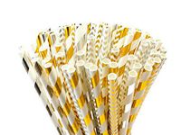PARTYSOME 240 Silver/Gold Biodegradable Paper Straws, for Baby/Bridal Shower, Snowflake, Anniversary, 21st/30th/50th Birthday, Engagement, Sweet 16, Bachelorette Party, Wedding Decorations Supplies