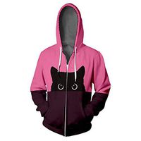 HIRIRI Couple Shirts Hoodie Cat Print Hooded Hip Hop Zipper Jacket Tops Color Block Long Sleeve Blouse Coat Hot Pink