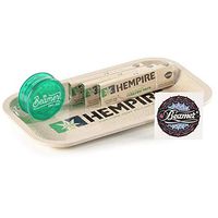 5 Items - Hempire 10” x 6.5” Tan Color Rolling Tray + 3 Packs of Hempire Freedom Pack King Size Hemp Rolling Papers with Tips + Beamer 3-Piece 63mm Grinder with Storage Compartment + Beamer Sticker