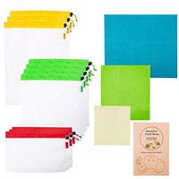 Beeswax Food Wraps Nylon Mesh Bags | 3 Beeswax Wraps with 10 Nylon Mesh Produce Bags | 13 Pcs See-Through Washable Anti-Bacterial Grocery Totes Bundle | Nylon Mesh Food Storage Green, Yellow, Red