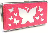 1 Eclipse Butterfly Design Pink Glitter Cigarette Case with Mirror, Fits 120's Cigarettes, Can Hold 14 Cigarettes