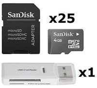 25 Pack - SanDisk 4GB MicroSDHC Memory Card SDSDQAB-004G (Bulk Packaging) LOT of 25 with Sandisk SD Adapter and 1 x USB 3.0 MicoSD & SD Memory Card Reader