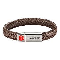 [Engraving]Leather Medical Alert Bracelet - Personalized Medical ID for Men Women Kids Custom Diabetic Alert Bracelet-Brown (23cm(9.05"), ☆Silver-Warfarin)