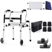 HMHD Folding Rollator Walker with Seat Solid Wheels-Height Adjustable-Standard Walker Medical Rolling Mobility Aluminum Alloy Walking Aid/Frame for Senior/Elderly/Disabled-Cane Stick