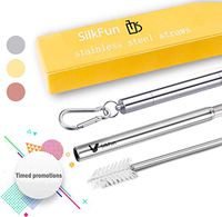 SilkFun Telescopic Reusable Drinking Straws - Stainless Steel Metal Straws Premium Food-Grade Folding Drinking Straws Keychain Portable Set with Aluminum Case & Cleaning Brush (1 Pack Sliver)