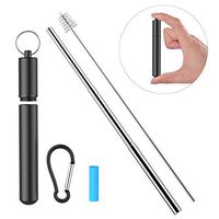 Telescopic Reusable Straws, Portable Stainless Steel Metal Straws with Case Cleaning Brush Carabiner Silicone Tips Keychain, Perfect for Travel, Home,Office (Black)