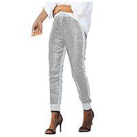 Meikosks Women's Sequins Spliced Trousers High Waist Long Pants Elastic Patchwork Bottoms Pants Silver