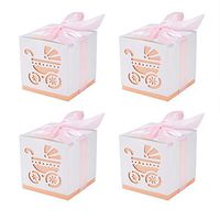 BENECREAT 50 Sets 2.4x2.4x2.4” Baby Shower Favor Box Pink Baby Carriage Printing Box with Ribbon for Candy Chocolate Treats