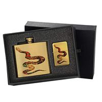 Boa Constrictor Southwest Patchwork - Gold Lighter and Pocket Hip Liquor Flask Survival Camping Gift Box Set