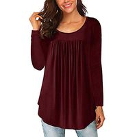 Women Long Sleeve Henley Pleated Front T-Shirt Short Sleeve Blouse Round Neck Casual Tunic Shirt Tops Wine