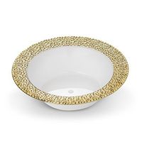[8 Count - 5 Oz Bowls] Laura Stein Designer Tableware Premium Heavyweight Plastic White Dessert Bowl With Gold Designed Border, Party & Wedding Plate Glitz Series Disposable Dishes