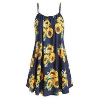 Women Sling Short Dress - Fashion Slash Neck Sleeveless Draped Summer Sunflower Print Spaghetti Strap Mini Dresses
