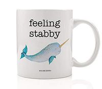 FEELING STABBY Coffee Mug Gift Idea Funny Narwhal Ocean Fish Grouchy Horn Poke Today Cute Christmas Birthday Present for Friend Family Member Office Coworker 11oz Ceramic Tea Cup Digibuddha DM0634
