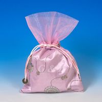 Dozen of 6.25 X 9 Inch Satin Embroidery Pull-Close Pouches (Light Pink Glittering)