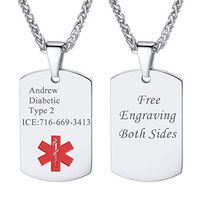 U7 Medical Alert Jewelry Customized Custom Engraving Men Women Stainless Steel Black Enamel Medic Condition Tags Pendant for Diabetes Warfarin Dialysis Stroke Pacemakers Necklace