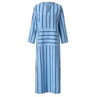 HNTDG Fashion Women Blue V-Neck Long Sleeve Casual Dress with Pockets Knee Length Stiped Plus Size Split Dress