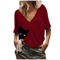 Ros1ock Women's Blouse Solid Color Printed Cat Half Sleeve T- Shirts V-Neck Casual Pullover Tunics Wine