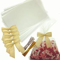 VANILILA Clear Cellophane Bags 50ct with Ties and 5 Bows- 6x9 Inches Flat Goodie Bags For Packaging Party Favors, Snacks,Cookies ,Sweet Treats- 40MM Thickness Cello Bags For Wedding ,Parties & Events