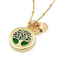 Gold Tree of Life Essential Oil Diffuser Necklace - Aromatherapy Jewelry - Hypoallergenic 316L Surgical Grade Stainless Steel, 20.8” Chain + 9 Washable Insert Pads + Charms …