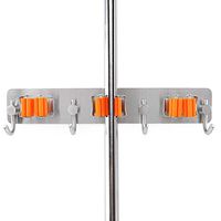 Vpang Stainless Steel 3M Self Adhesive Broom Mop Holder Broom Gripper Holds with Hooks Wall Mounted Cleaning Tools Organizer (3-Holders with 4-Hooks)