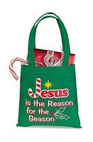 Candy Cane Design Jesus is The Reason for The Season 6" Green Square Polyester Christmas Gift Bag Tote