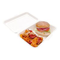 Bagasse Take Out Container, Bagasse To Go Box, Clamshell - Durable All Natural, Biodegradable, Disposable Material - 2 Compartments - 34 oz - 13" x 9" - 100ct Box - Restaurantware